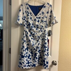 Adrianna Papell White and Blue Ruched Wrap Mini Dress